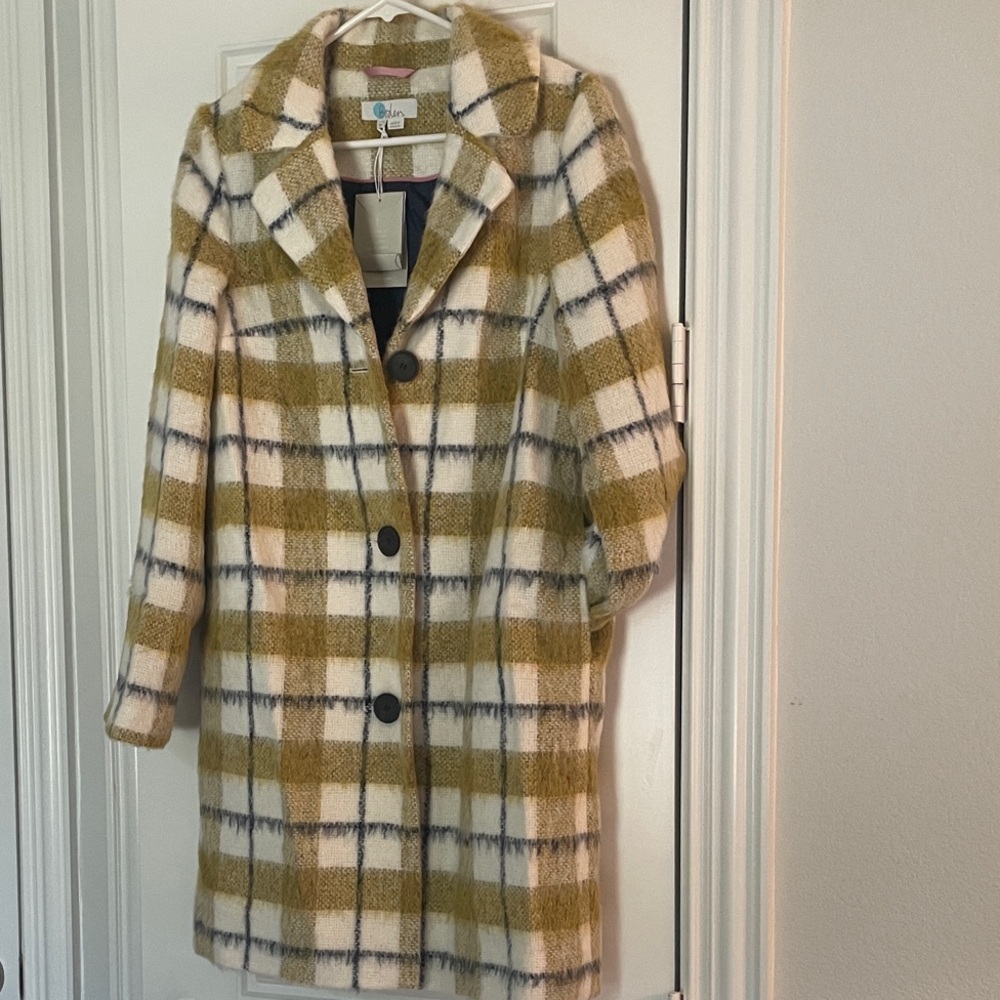 Boden Mustard and Cream Check Wool, Alpaca Coat.